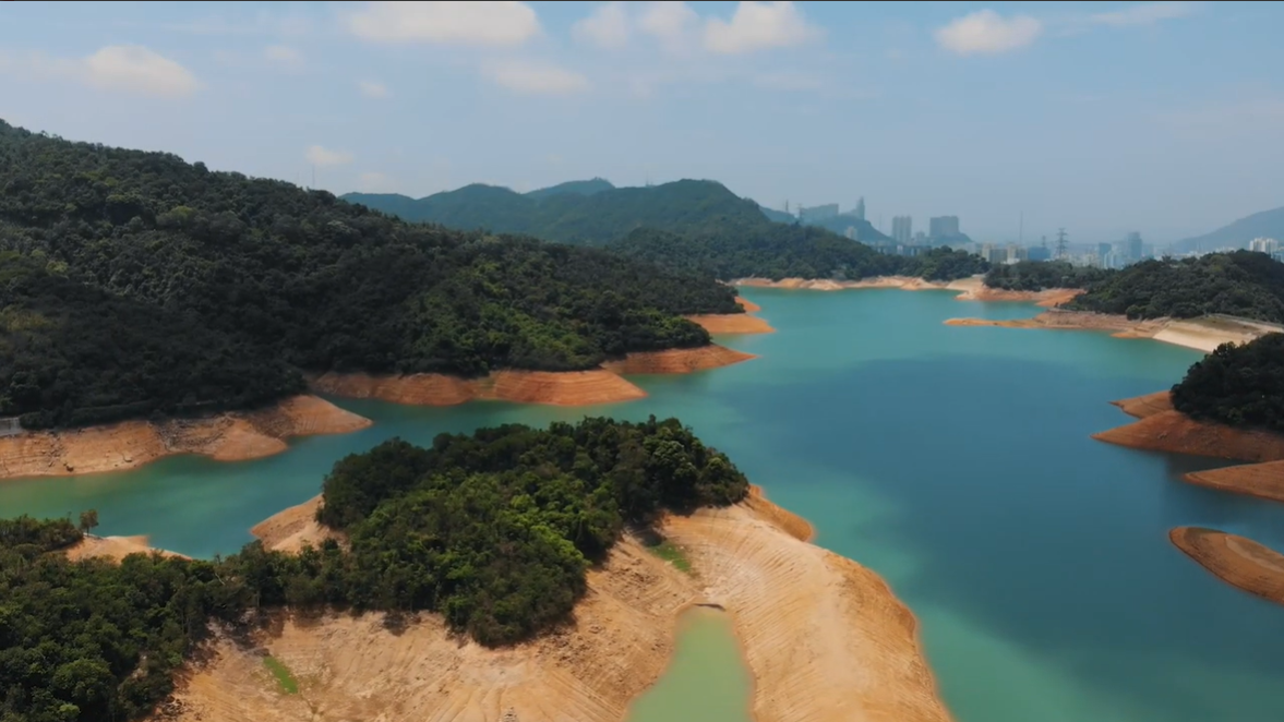 Aerial shot of reservoir surrounded by subtropical forest