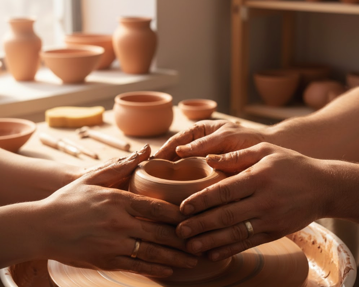 Two People Make Heart-shaped Pottery