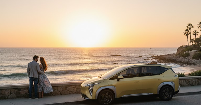 Yellow AION EV SUV Couple Travel Shot